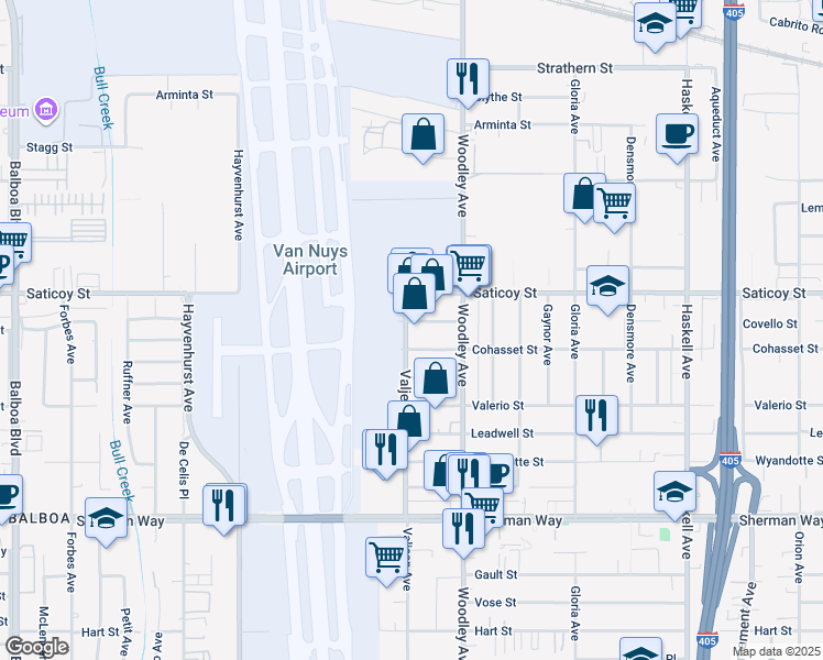 map of restaurants, bars, coffee shops, grocery stores, and more near 16158 Covello Street in Los Angeles