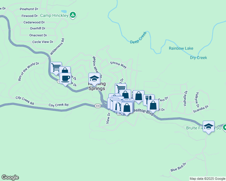 map of restaurants, bars, coffee shops, grocery stores, and more near 2557 Whispering Pines Drive in Running Springs