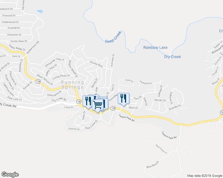 map of restaurants, bars, coffee shops, grocery stores, and more near 2562 Oak Drive in Running Springs