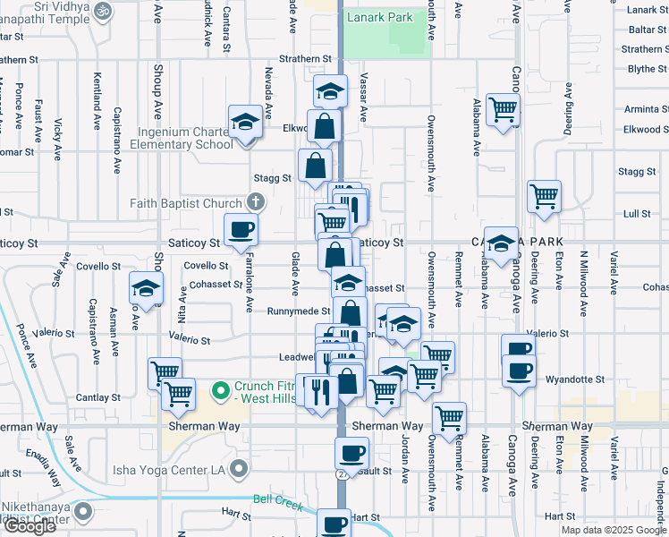 map of restaurants, bars, coffee shops, grocery stores, and more near 7560 Topanga Canyon Boulevard in Los Angeles