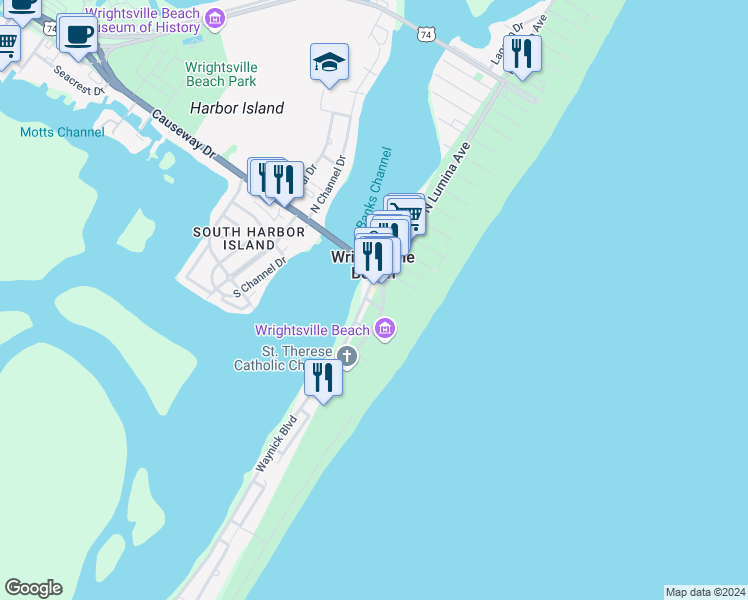 map of restaurants, bars, coffee shops, grocery stores, and more near 104 South Lumina Avenue in Wrightsville Beach