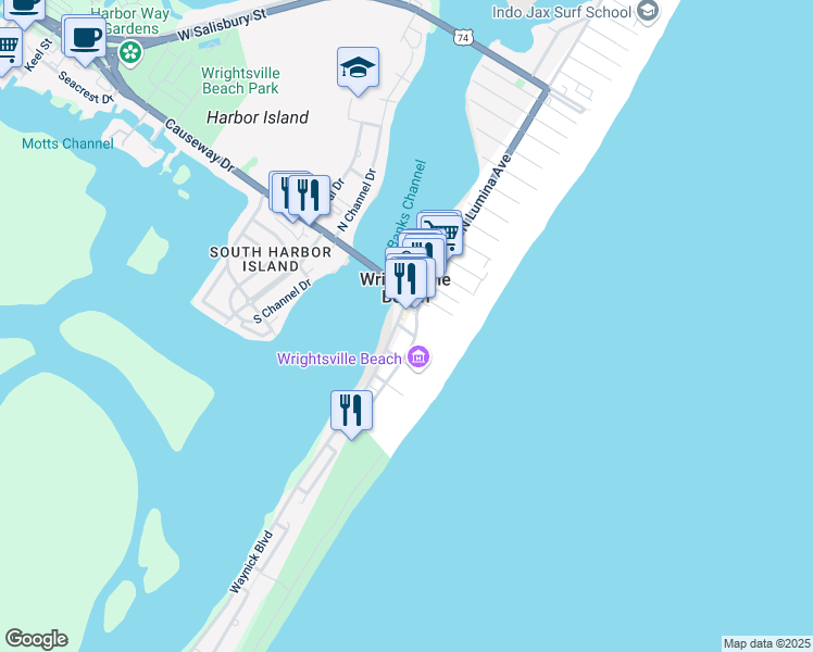 map of restaurants, bars, coffee shops, grocery stores, and more near 104 South Lumina Avenue in Wrightsville Beach