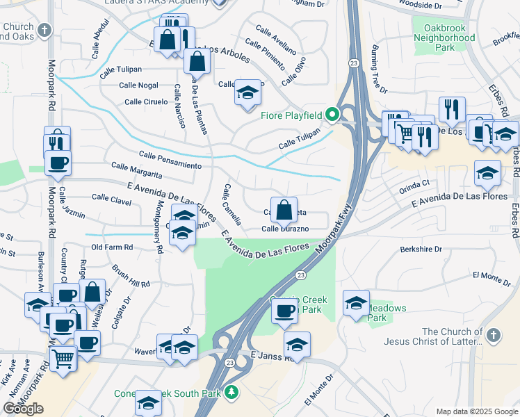 map of restaurants, bars, coffee shops, grocery stores, and more near 1311 Calle Violeta in Thousand Oaks