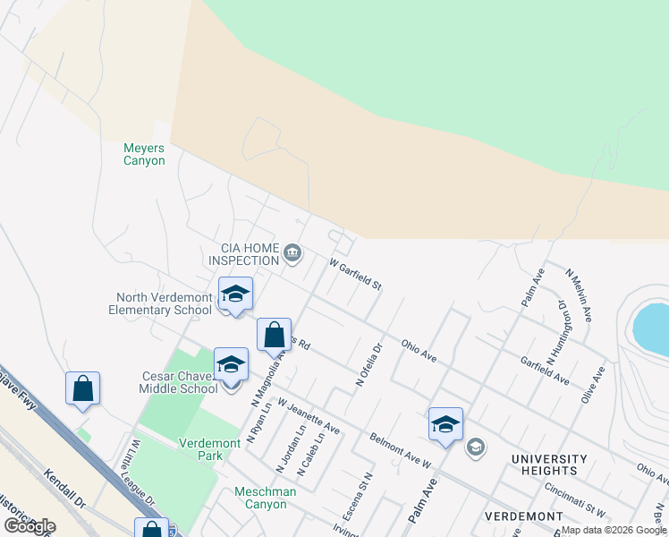map of restaurants, bars, coffee shops, grocery stores, and more near 6950 Jasmine Court in San Bernardino