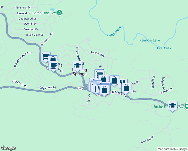 map of restaurants, bars, coffee shops, grocery stores, and more near 2557 Whispering Pines Drive in Running Springs