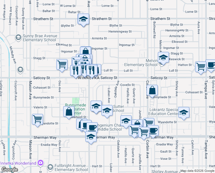 map of restaurants, bars, coffee shops, grocery stores, and more near 19940 Covello Street in Los Angeles
