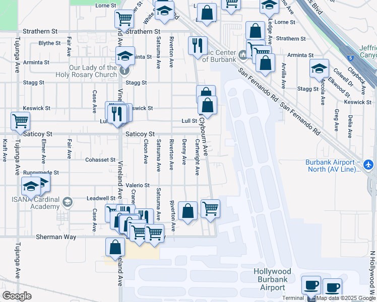 map of restaurants, bars, coffee shops, grocery stores, and more near 7529 Denny Avenue in Los Angeles