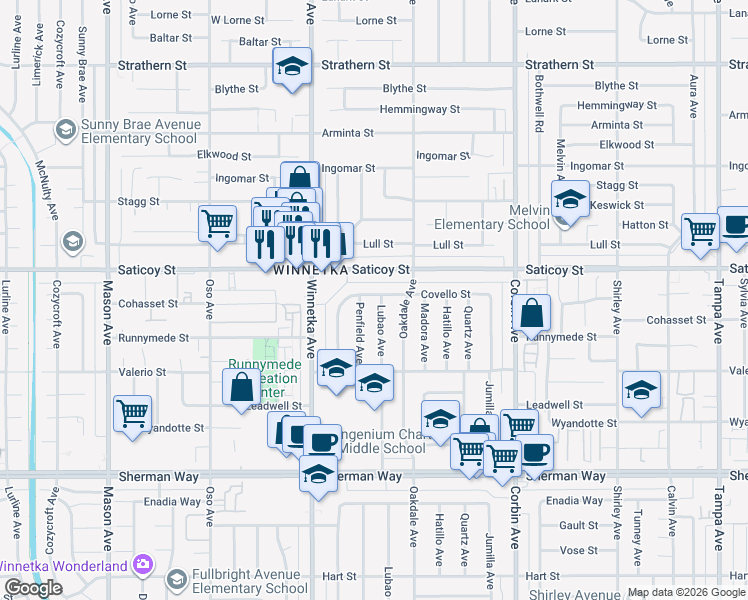 map of restaurants, bars, coffee shops, grocery stores, and more near 19940 Covello Street in Los Angeles