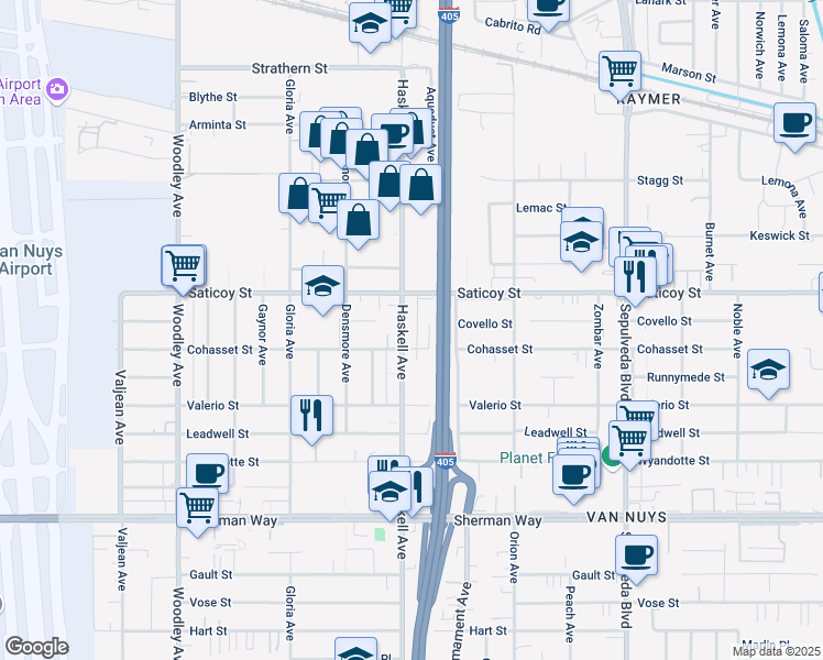 map of restaurants, bars, coffee shops, grocery stores, and more near 7524 Haskell Avenue in Los Angeles