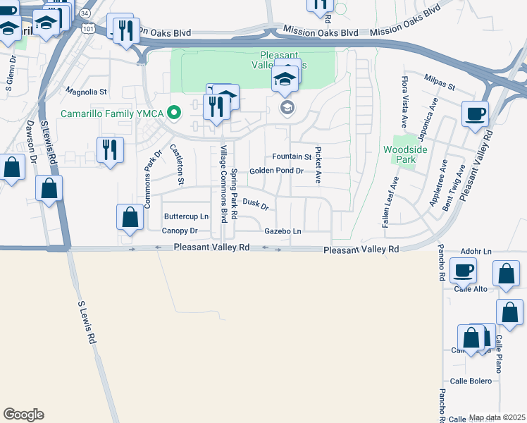 map of restaurants, bars, coffee shops, grocery stores, and more near 3627 Dusk Drive in Camarillo