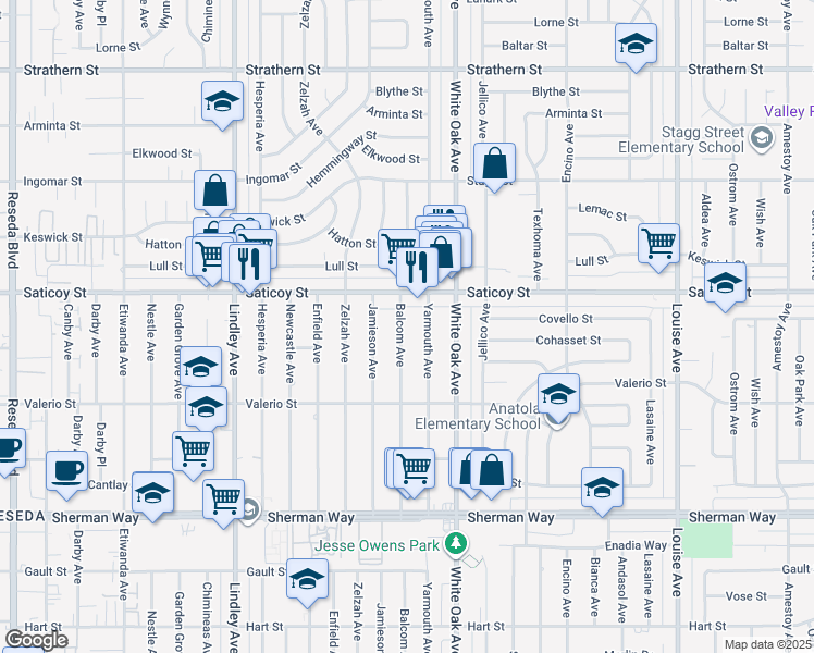 map of restaurants, bars, coffee shops, grocery stores, and more near 7522 Balcom Avenue in Los Angeles