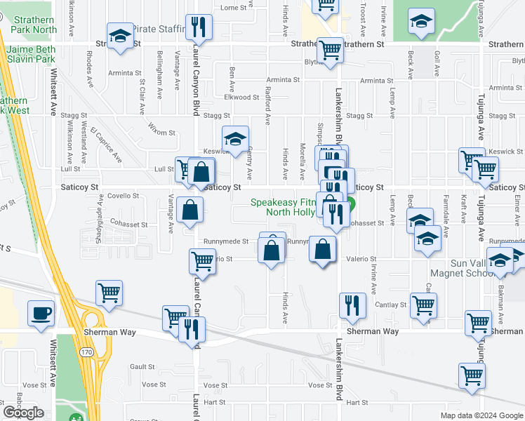 map of restaurants, bars, coffee shops, grocery stores, and more near 11906 Covello Street in Los Angeles