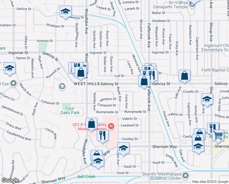 map of restaurants, bars, coffee shops, grocery stores, and more near 23025 Covello Street in Los Angeles