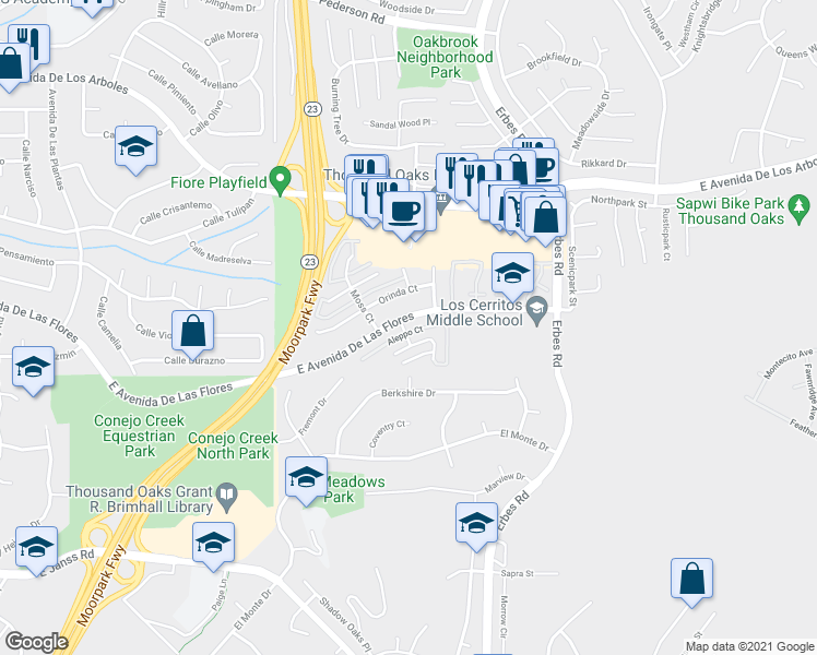 map of restaurants, bars, coffee shops, grocery stores, and more near 1788 East Avenida De Las Flores in Thousand Oaks