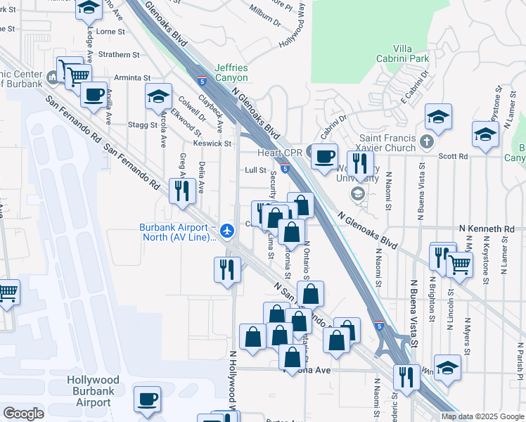map of restaurants, bars, coffee shops, grocery stores, and more near 9912 Covello Street in Burbank