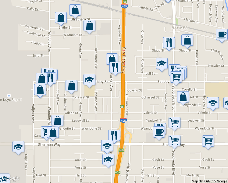 map of restaurants, bars, coffee shops, grocery stores, and more near 7524 Haskell Avenue in Los Angeles