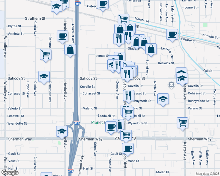 map of restaurants, bars, coffee shops, grocery stores, and more near 15360 Covello Street in Los Angeles