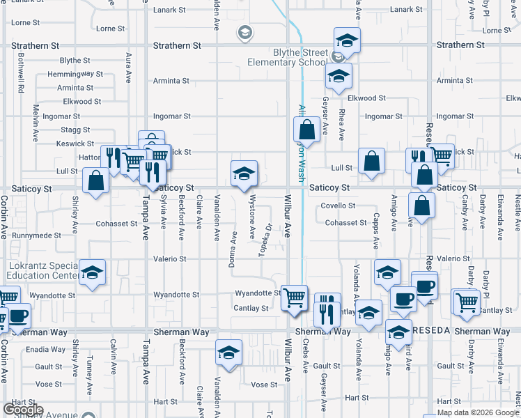 map of restaurants, bars, coffee shops, grocery stores, and more near 18948 Covello Street in Los Angeles