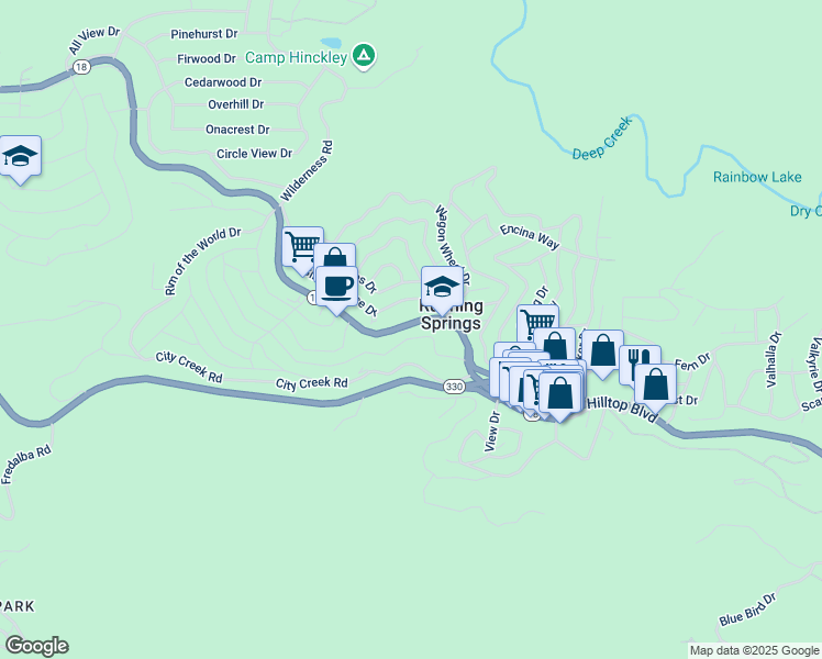 map of restaurants, bars, coffee shops, grocery stores, and more near 31734 Hilltop Boulevard in Running Springs
