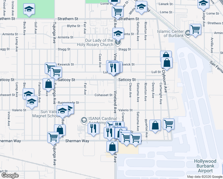 map of restaurants, bars, coffee shops, grocery stores, and more near 7533 Vineland Avenue in Los Angeles