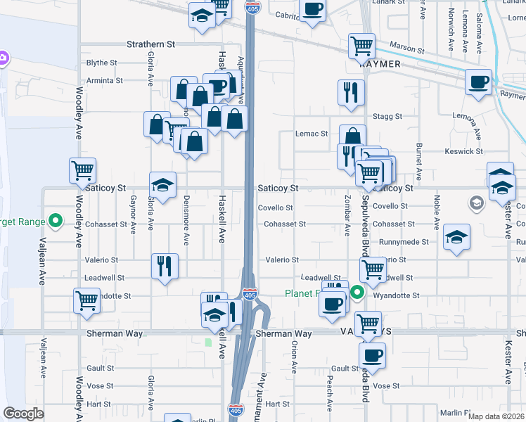 map of restaurants, bars, coffee shops, grocery stores, and more near 15558 Covello Street in Los Angeles