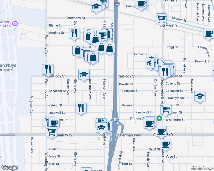 map of restaurants, bars, coffee shops, grocery stores, and more near 7524 Haskell Avenue in Los Angeles