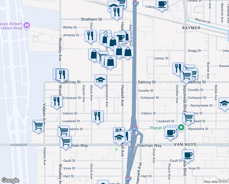 map of restaurants, bars, coffee shops, grocery stores, and more near 15728 Covello Street in Los Angeles