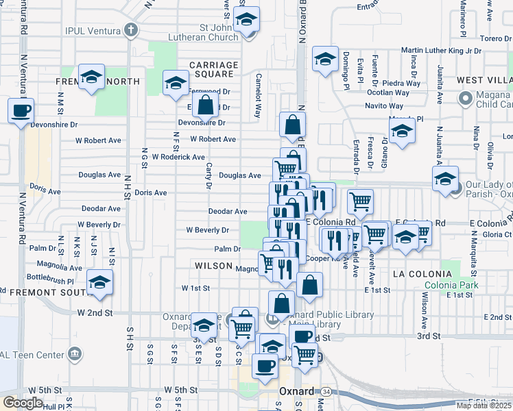 map of restaurants, bars, coffee shops, grocery stores, and more near 238 Doris Avenue in Oxnard