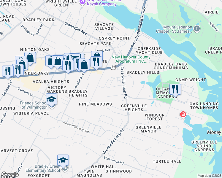 map of restaurants, bars, coffee shops, grocery stores, and more near 4044 Tamarisk Lane in Wilmington