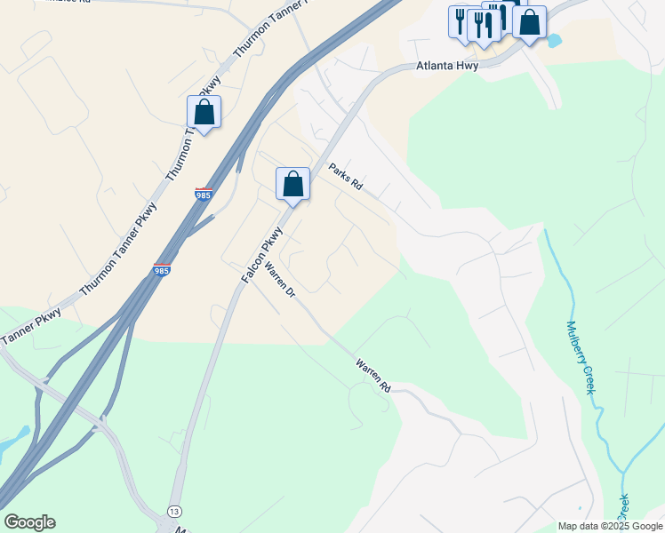 map of restaurants, bars, coffee shops, grocery stores, and more near 4042 Alderstone Drive in Flowery Branch