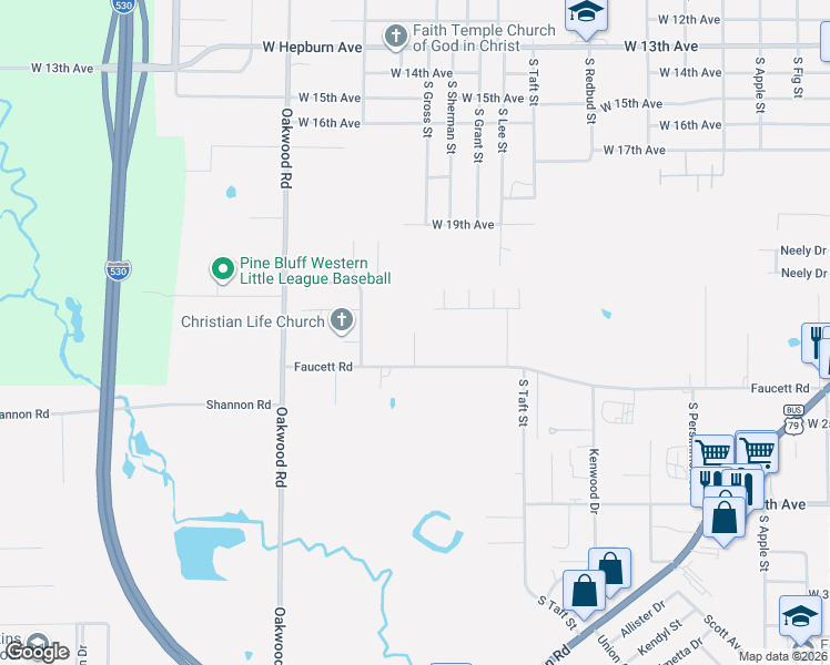 map of restaurants, bars, coffee shops, grocery stores, and more near 5153 Faucett Road in Pine Bluff
