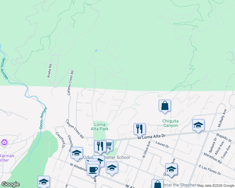 map of restaurants, bars, coffee shops, grocery stores, and more near 632 Hartwell Court in Altadena