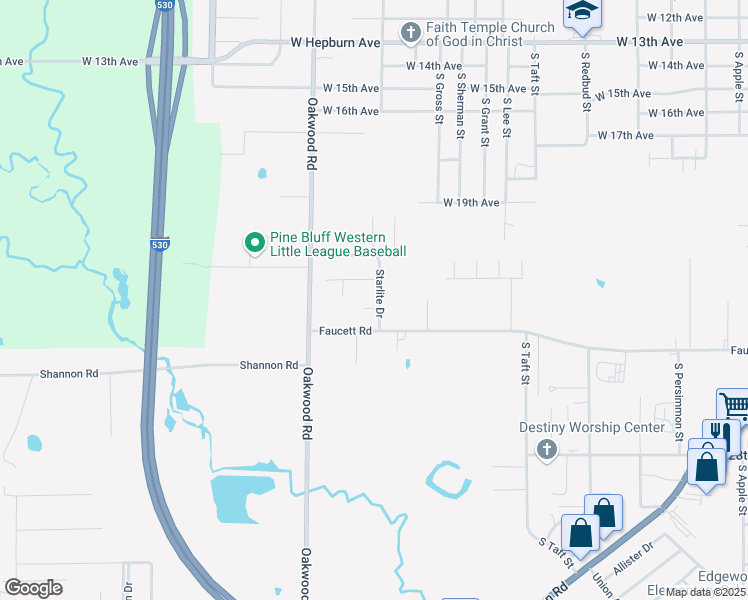 map of restaurants, bars, coffee shops, grocery stores, and more near 2306 Starlite Drive in Pine Bluff