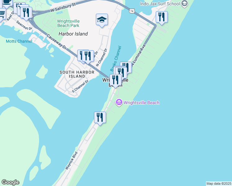 map of restaurants, bars, coffee shops, grocery stores, and more near 104 North Lumina Avenue in Wrightsville Beach
