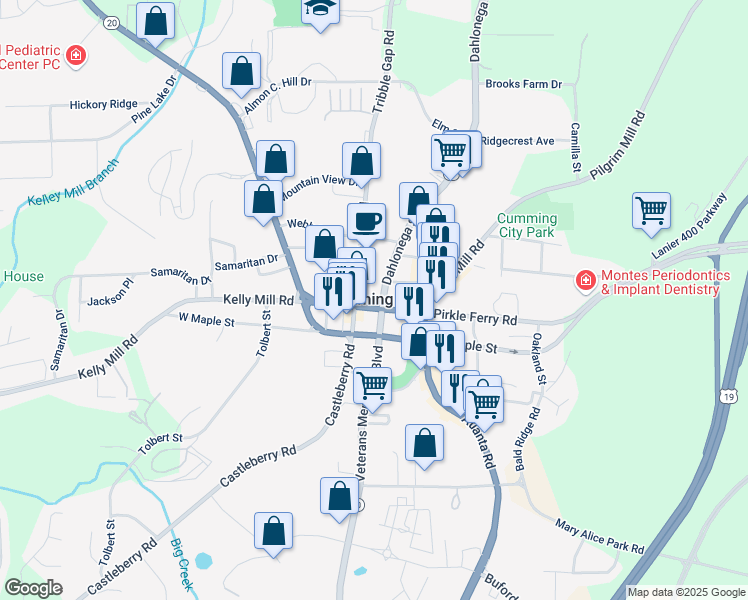map of restaurants, bars, coffee shops, grocery stores, and more near 100 East Main Street in Cumming
