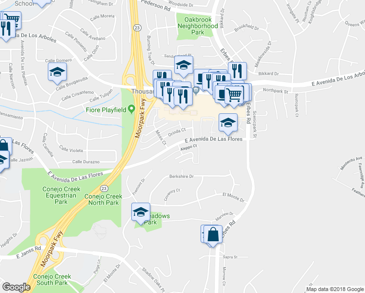 map of restaurants, bars, coffee shops, grocery stores, and more near 1802 East Avenida De Las Flores in Thousand Oaks