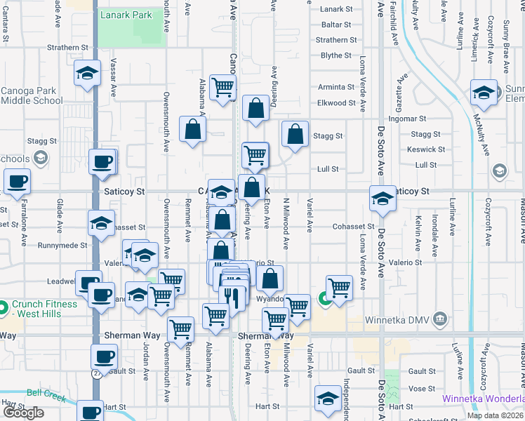 map of restaurants, bars, coffee shops, grocery stores, and more near 7525 Eton Avenue in Los Angeles