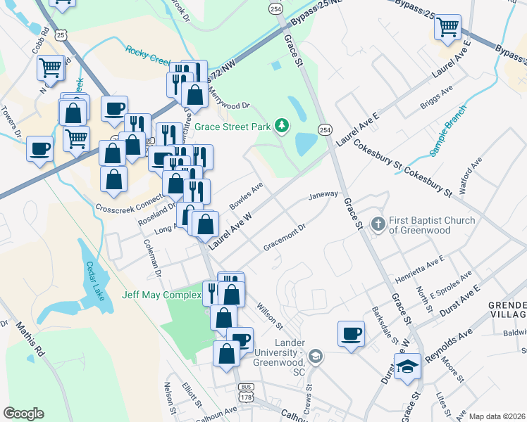 map of restaurants, bars, coffee shops, grocery stores, and more near 209 Laurel Ave W in Greenwood