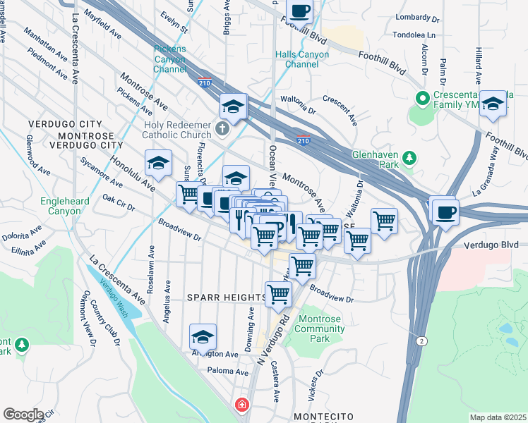 map of restaurants, bars, coffee shops, grocery stores, and more near 2315 Florencita Drive West in La Crescenta-Montrose