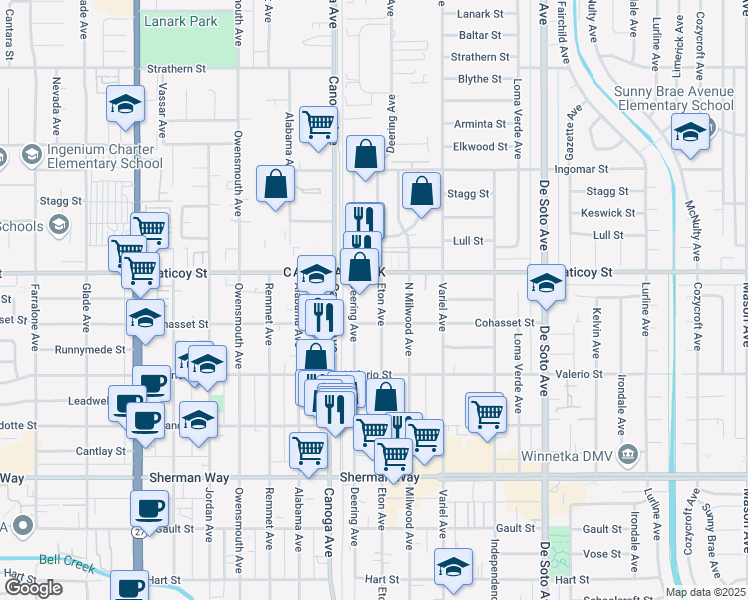 map of restaurants, bars, coffee shops, grocery stores, and more near 7525 Eton Avenue in Los Angeles