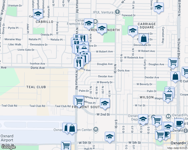 map of restaurants, bars, coffee shops, grocery stores, and more near 1205 Deodar Avenue in Oxnard