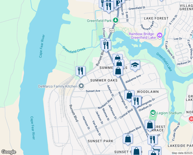 map of restaurants, bars, coffee shops, grocery stores, and more near 225 North Carolina Avenue in Wilmington