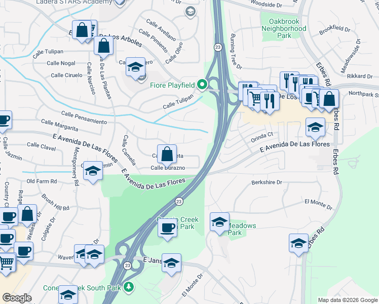 map of restaurants, bars, coffee shops, grocery stores, and more near 1433 Calle Violeta in Thousand Oaks