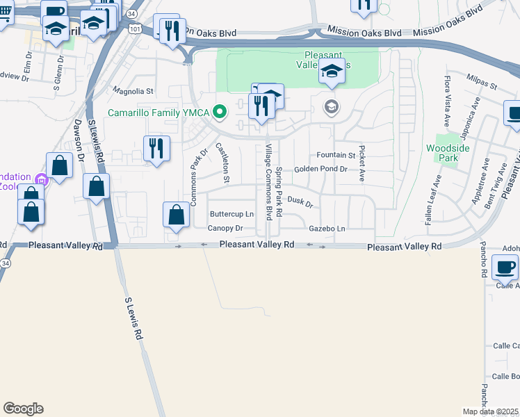 map of restaurants, bars, coffee shops, grocery stores, and more near 428 Village Commons Boulevard in Camarillo