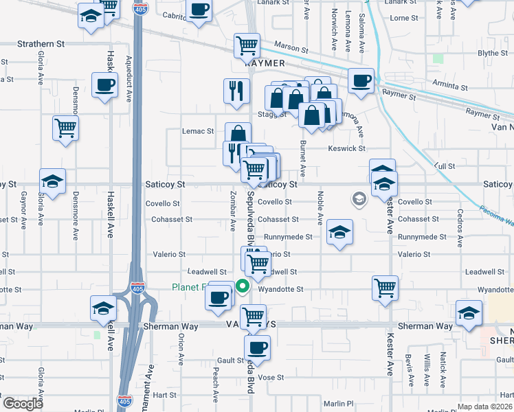 map of restaurants, bars, coffee shops, grocery stores, and more near 7524 Sepulveda Boulevard in Los Angeles