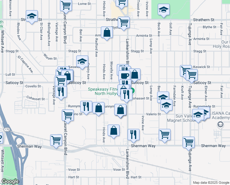 map of restaurants, bars, coffee shops, grocery stores, and more near 7521 Simpson Avenue in North Hollywood