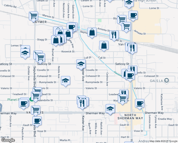 map of restaurants, bars, coffee shops, grocery stores, and more near 14830 Covello Street in Los Angeles
