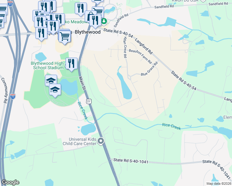 map of restaurants, bars, coffee shops, grocery stores, and more near in Blythewood