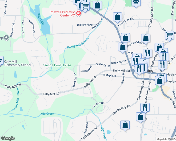 map of restaurants, bars, coffee shops, grocery stores, and more near 107 Jackson Place in Cumming