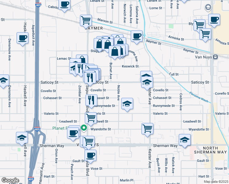 map of restaurants, bars, coffee shops, grocery stores, and more near 15114 Covello Street in Los Angeles